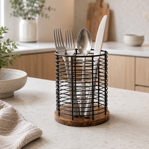 Тримач для столових приладів Arino Bamboo, чорний, 13,5*13,5*17 см, сталь/бамбук