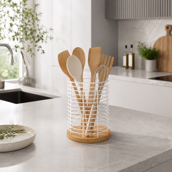 Тримач для столових приладів Arino Bamboo, білий, 13,5*13,5*17 см, сталь/бамбук