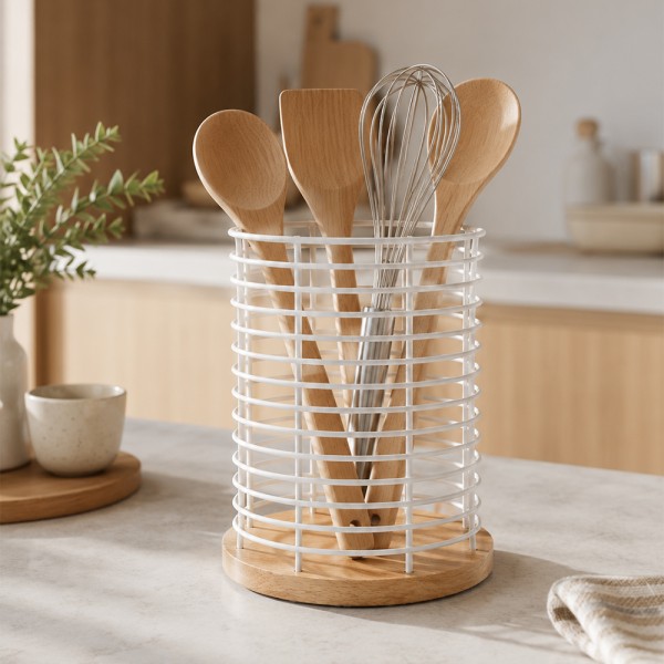 Тримач для столових приладів Arino Bamboo, білий, 13,5*13,5*17 см, сталь/бамбук