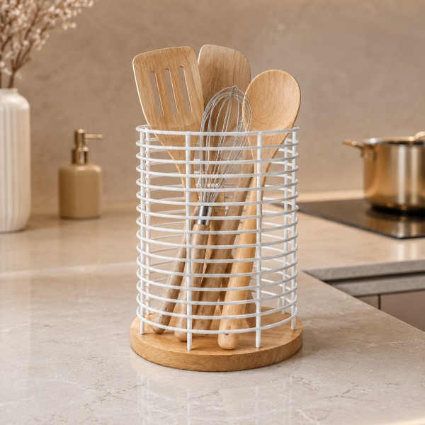 Тримач для столових приладів Arino Bamboo, білий, 13,5*13,5*17 см, сталь/бамбук