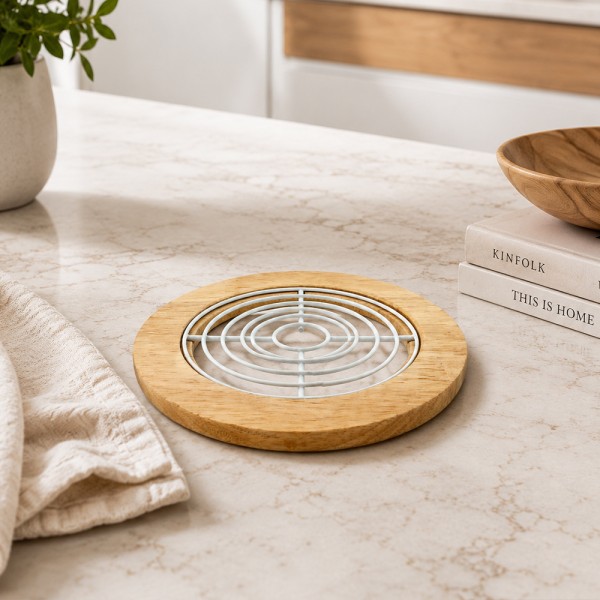 Підставка під гаряче Arino Bamboo, білий, кругла, 18*18*1,20 см, сталь/бамбук