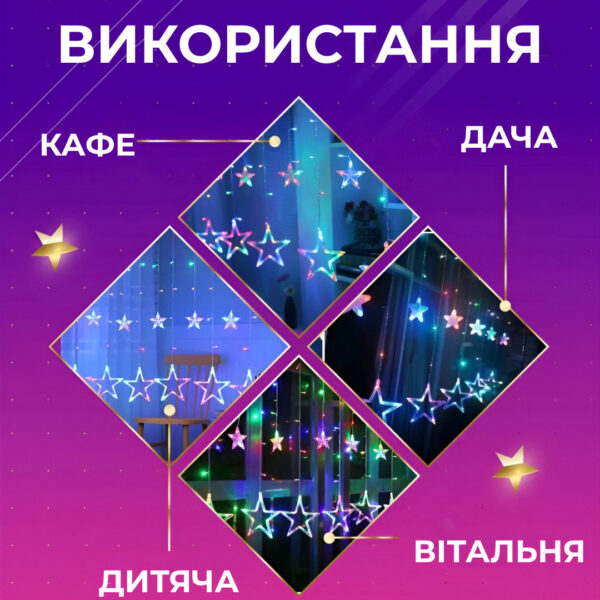 girlyanda_shtora_3h0_7_m_zvezdy_na_108_led_lampochek_svetodiodnaya_6_bolshih_i_6_malenkih_zvezd_9v_8_rezhimov_2.jpg Гірлянда штора 3х0,7 м Зірки на 108 LED лампочок світлодіодна 6 великих та 6 маленьких зірок 9В 8 режимів 1733053ML