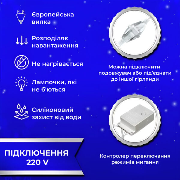 Гірлянда штора 3х2 м 144 LED світлодіодна мідний провід 16 ниток Синій ZWM2320LEDBL