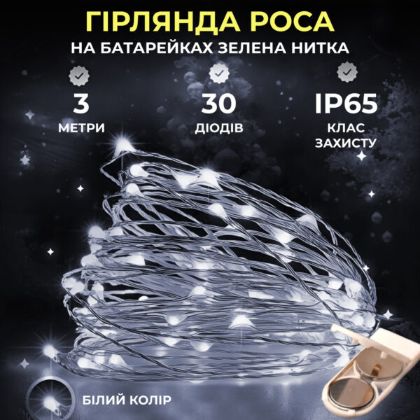 Світлодіодна гірлянда Роса 3 метри на батарейках 30 led нитка на зеленому дроті біла 30L3MGW