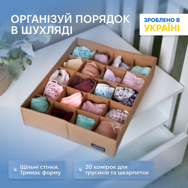 7391540320_organajzer-dlya-belya.png Органайзер для білизни на 20 комірок 35х28х8 см ORGANIZE (бежевий)