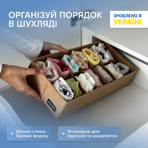 7391581735_korobochka-s-kvadratnymi.png Коробочка з квадратними комірками для шкарпеток і трусів 35х17х8 см ORGANIZE (бежевий)