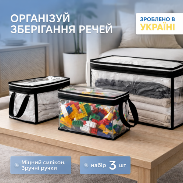 Набір прозорих сумок для речей 3 шт. ORGANIZE (чорний)