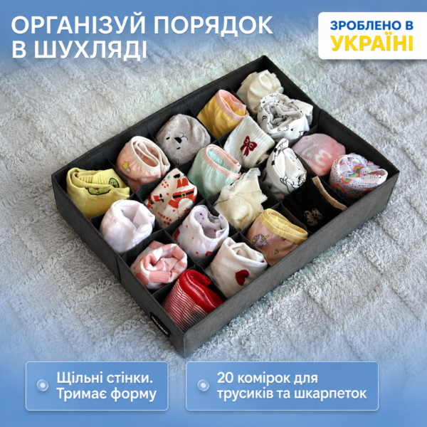 7419773384_organajzer-organize-dlya.png Органайзер для трусів і шкарпеток на 20 комірок 35х28х8 см ORGANIZE (сірий)